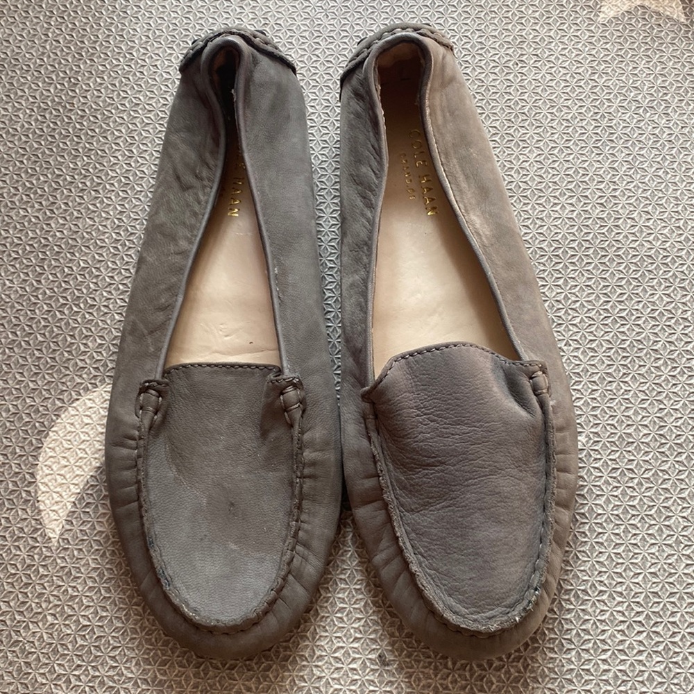 Gray suede loafers